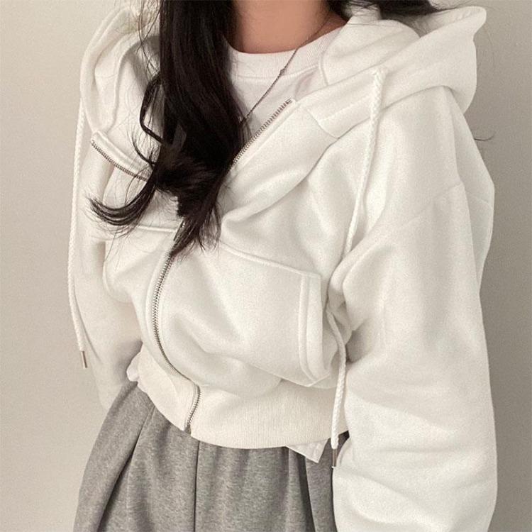 Korean Vintage Women Oversized Zip Up Hoodie Jacket Long Sleeve Harajuku Fashion Solid Color Sweatshirt Autumn Hooded