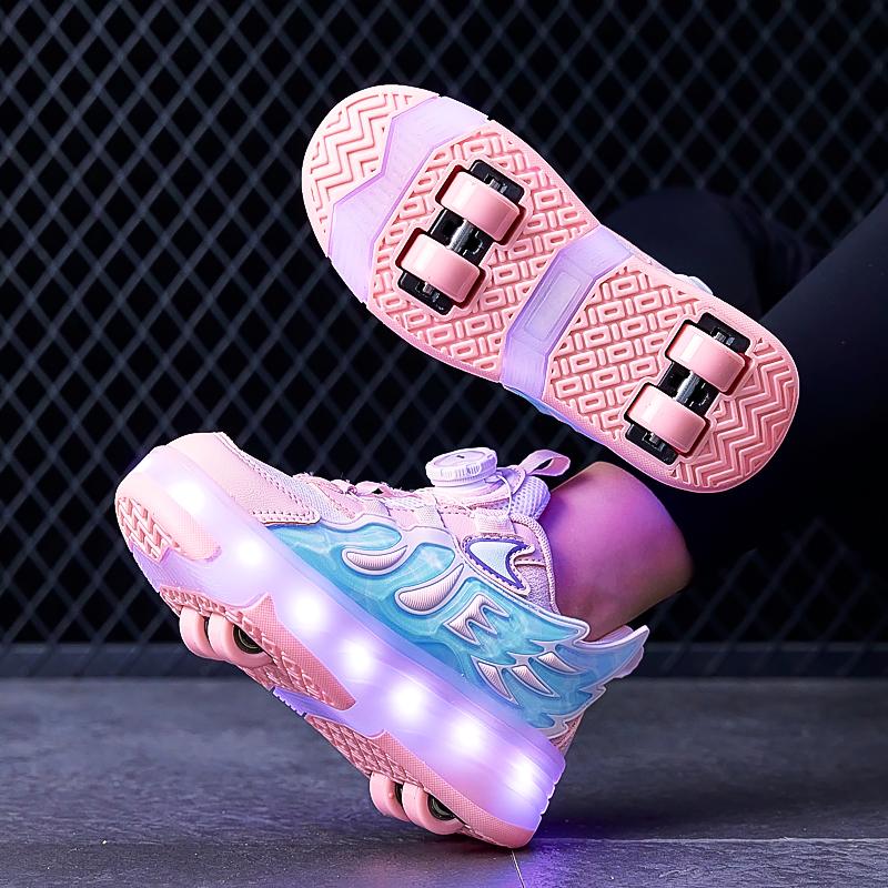 ДЕТСКАЯ четырехколесная зарядная обувь на плоской подошве, обувь со светодиодной лампой, обувь для бегунов, спортивная обувь для катания на роликовых коньках, коньки для девочек
