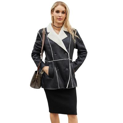 Женские замшевые пальто средней длины Блейзеры из искусственной кожи с плюшевой флисовой подкладкой и лацканами Двубортные куртки из искусственной кожи Для работы в офисе Осень-зима Верхняя одежда