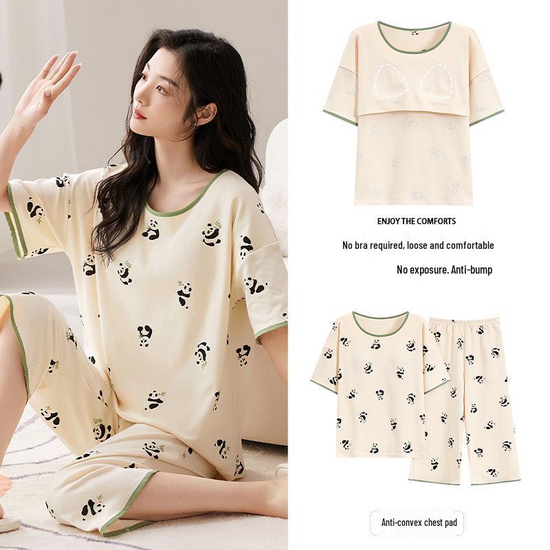 Женский летний капри-пижамный комплект 2025: Тонкий хлопок с коротким рукавом и нагрудными вкладышами, универсальный для ношения дома или на улице