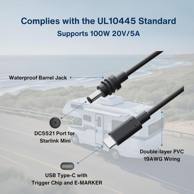 Мини-кабель DC5521 на 5,5x2,1 мм / Тип C с проводом 19AWG и несколькими вариантами длины для внутреннего и наружного использования