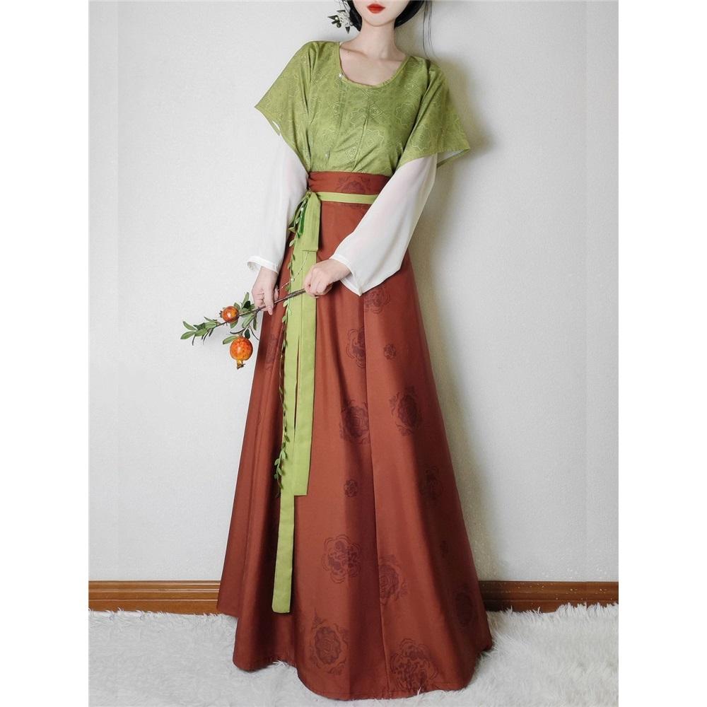 Chinese Tang Dynasty Style Hanfu Dunhuang Printed Round Neck Shirt Waist High One-piece Skirt Set For Women