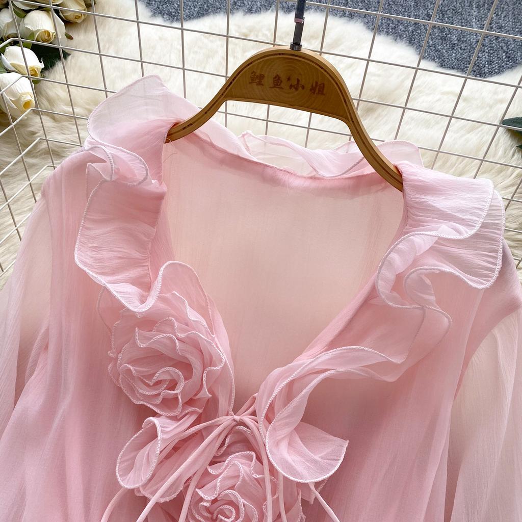 Sweet Pink 3D Floral Beach Short Dress Female Long Sleeves Lace Up Ruffle Chiffon Cake Sundress Sheer Sexy Vintage Bohemian Dress