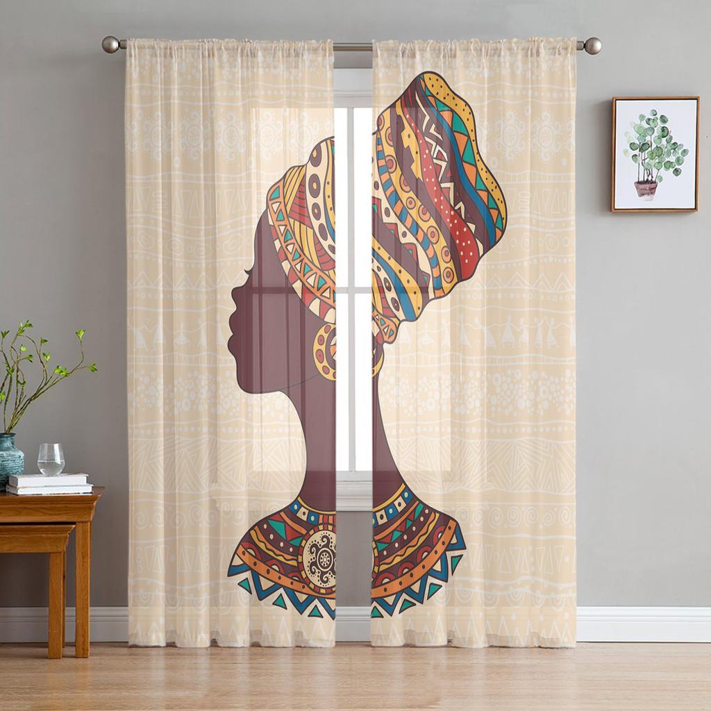 Ethnic African Woman Chiffon Sheer Curtains for Living Room Bedroom Home Decoration Window Voile Tulle Curtain Drapes