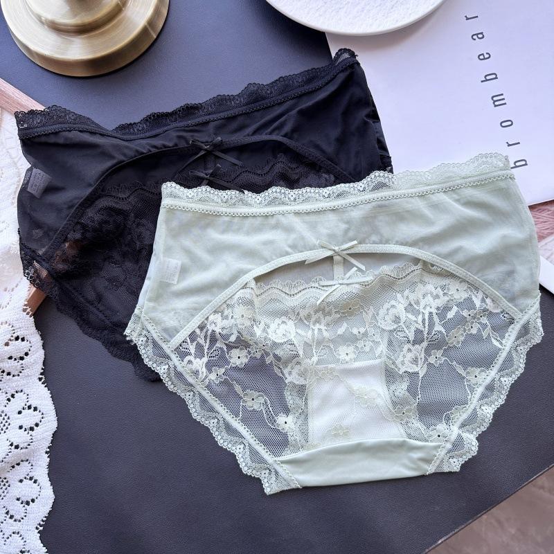 Ladies Spring Summer Sexy After Hollowed-out Ice Silk Gauze Lace Mid-waist Panties