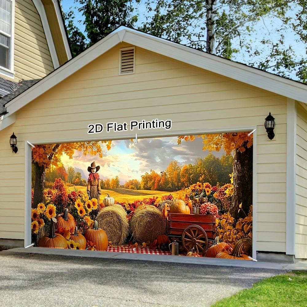 1 piece vintage autumn harvest scarecrow and haystack garage door flag -2D flat printing large fabric cover