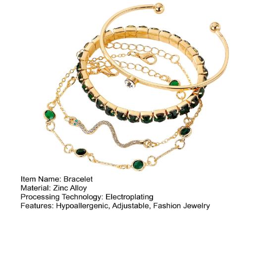 4Pcs/Set Women Bracelet Bangle Hypoallergenic Adjustable Faux Gemstone Rhinestone Snake Bracelet Golden Bangle Fashion