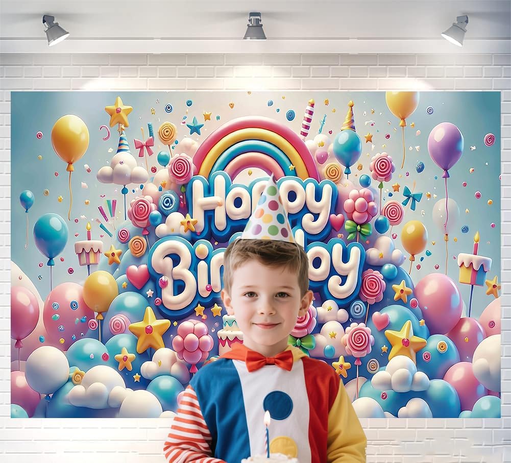 Colorful Happy Birthday Backdrop Banner 3D Bright Balloon Cake Rainbow Photography Background for Kids Girls Birthday Pa