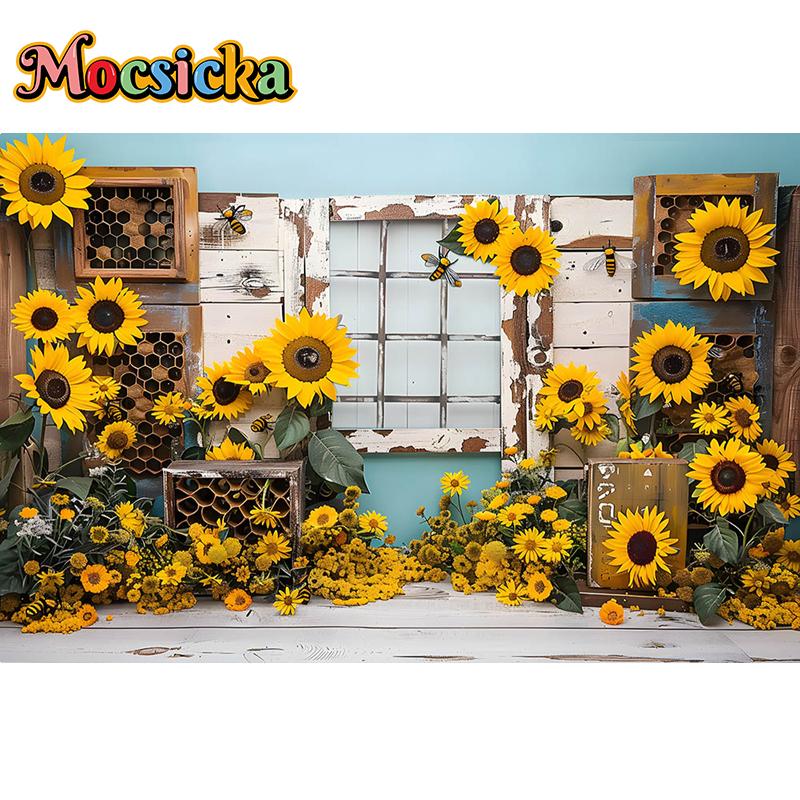 Mocsicka Photography Background Spring Sunflower Bee Kids Birthday Party Cake Smash Baby Shower Decoration Backdrop Photo Studio