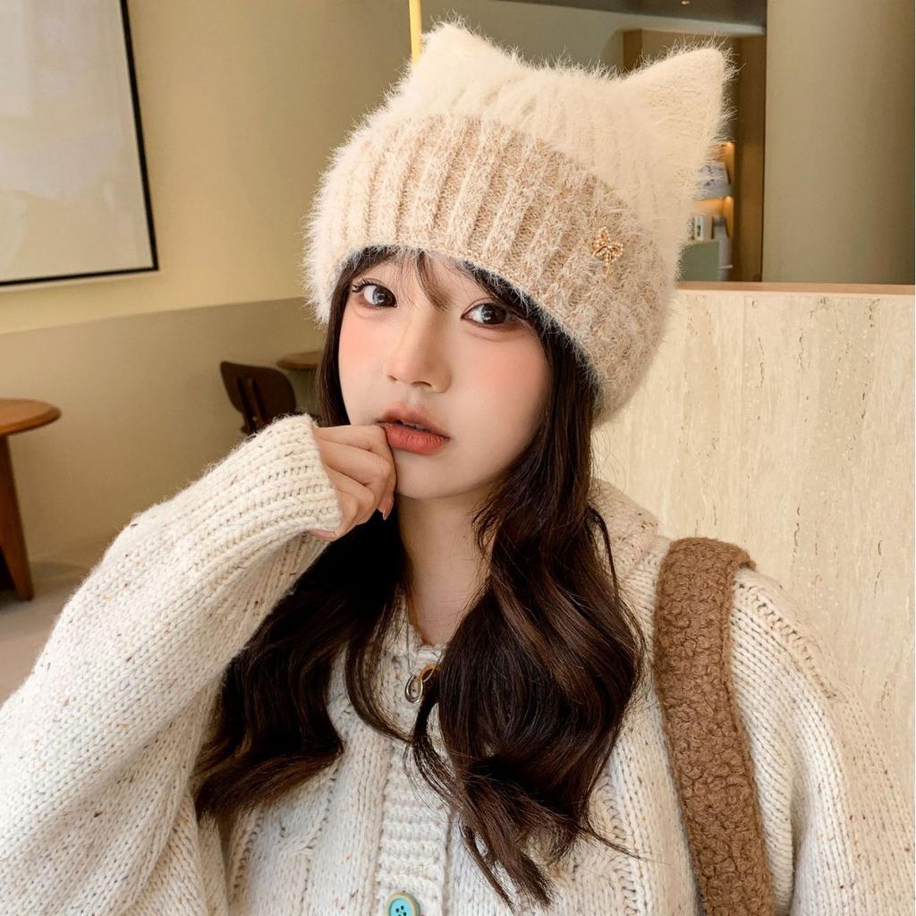 Новая осенне-зимняя симпатичная утолщенная шапка для защиты ушей с кошачьими ушками, женская зимняя защитная от холода, теплая шерстяная шапка для маленького лица