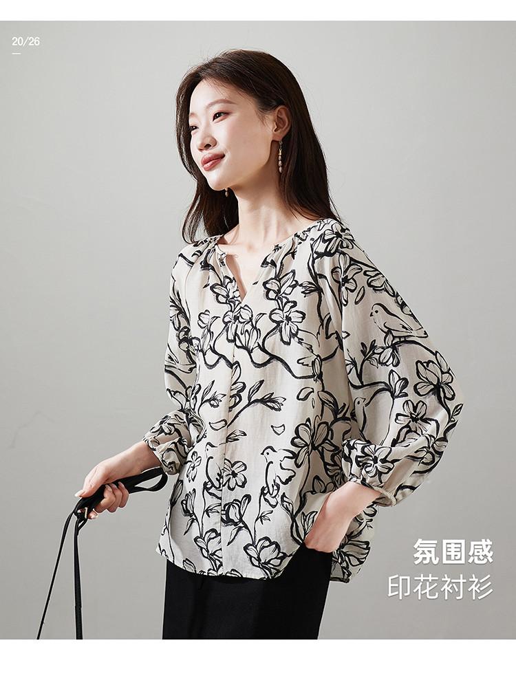 Lyocell linen printed shirt for women's 2026 spring commuting versatile round neck niche top