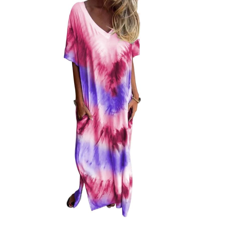 Casual Beach Maxi Tie Dye Printed Dresses Women's Spring Summer Short Sleeve V-neck Plus Size Long Dress