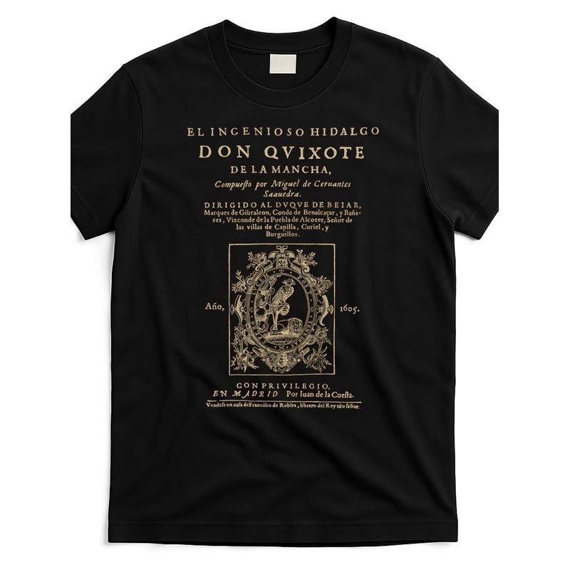 Graphic unisex T-Shirt Featuring Cervantes' Don Quixote De La Mancha - A Black And Golden Design Inspired by a Literary Classic, Made from Soft for a