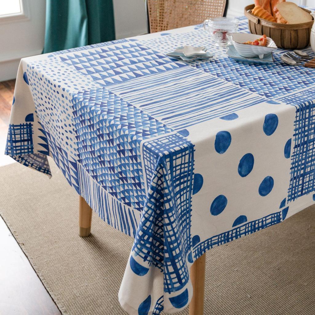 Tablecloth Blue Splicing Geometric Printing Simple Cotton and Linen Dining Table Cloth