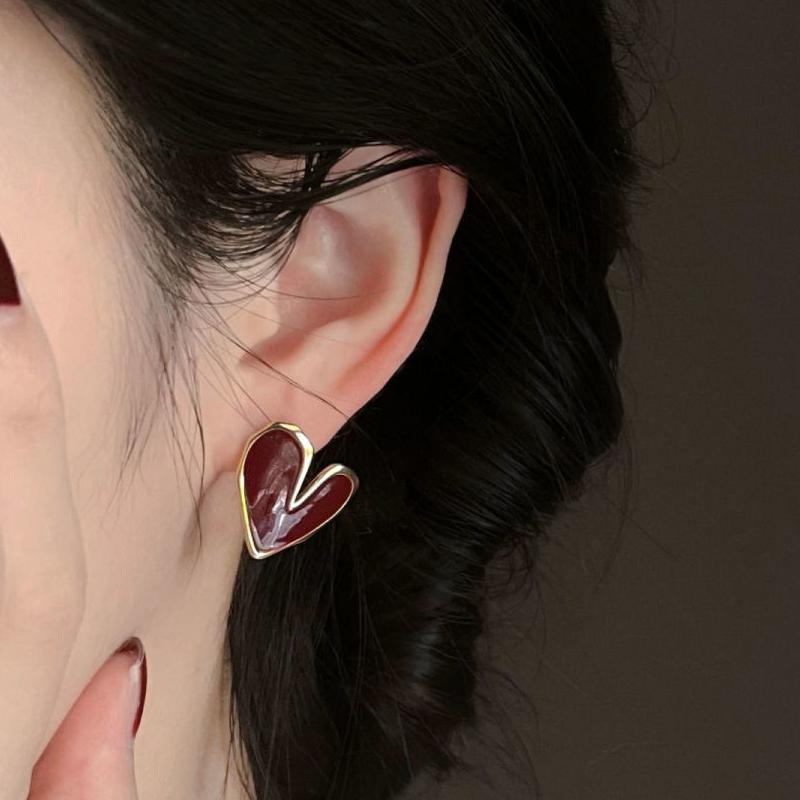 Милые серьги-пусеты в виде красного эмалированного сердца, вечеринка, элегантные, циркон, золотистый цвет, металл, геометрия, модные серьги для женщин, подарок
