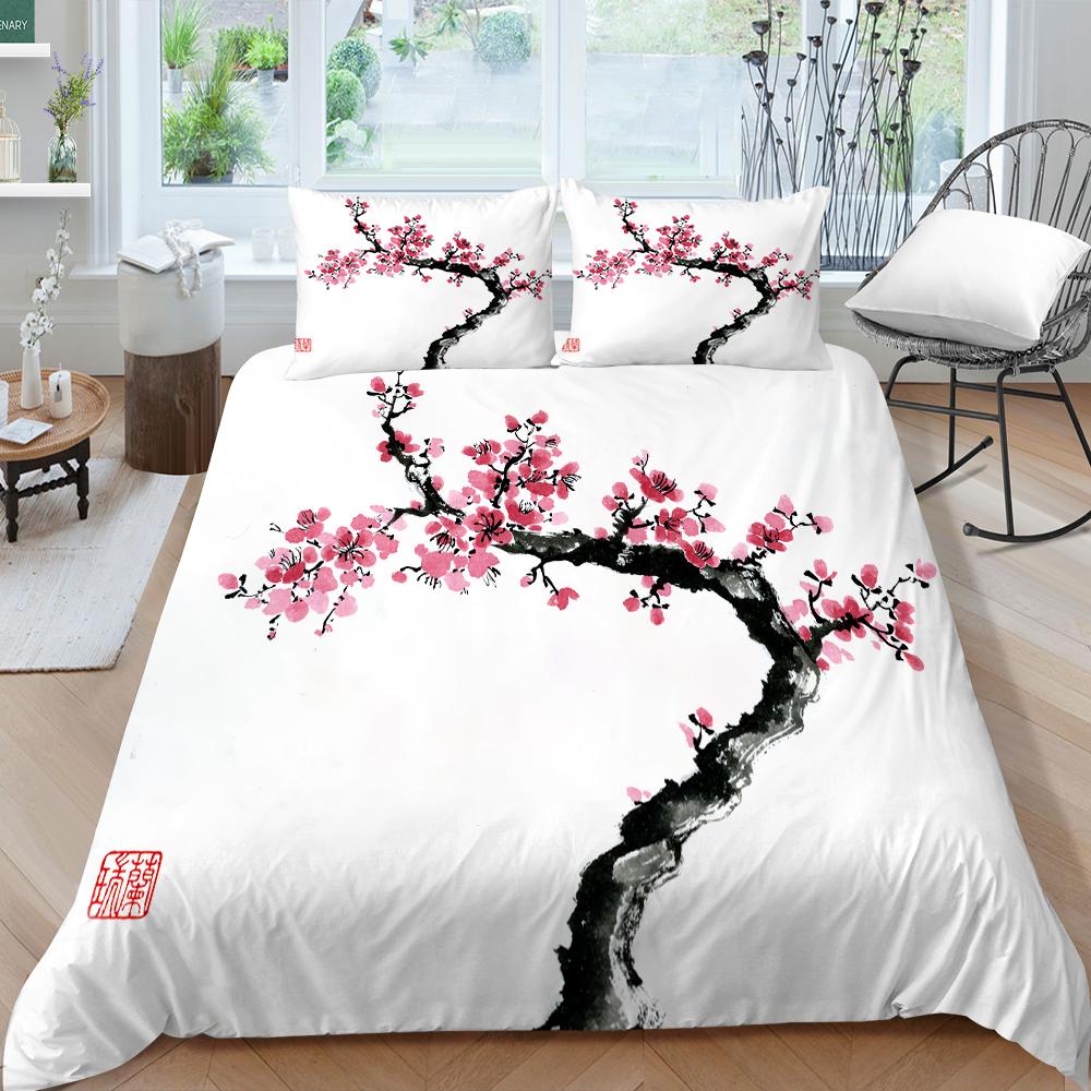 3D Family Bedding Single Double Bed Full Size Bedding Plum Blossom Pattern Pillowcase and Quilt Cover Noble and Washable Family Decoration