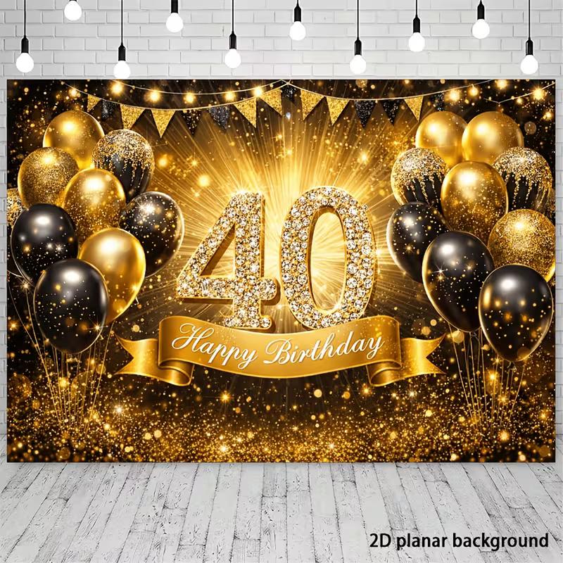 2D 40th Birthday Backdrop Black Gold Balloon and Diamond Number 40 Photography Background
