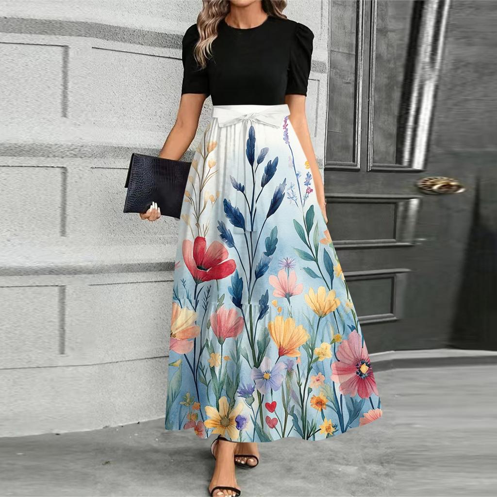 Женское модное повседневное платье с поясом, коротким рукавом, круглым вырезом и принтом, элегантное и темпераментное