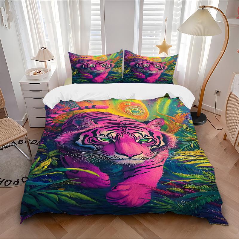 3pcs Pink Tiger Bedding Set - 1 Duvet Cover + 2 Pillowcases(Core Not Included), Machine Washable Polyester yy251216165