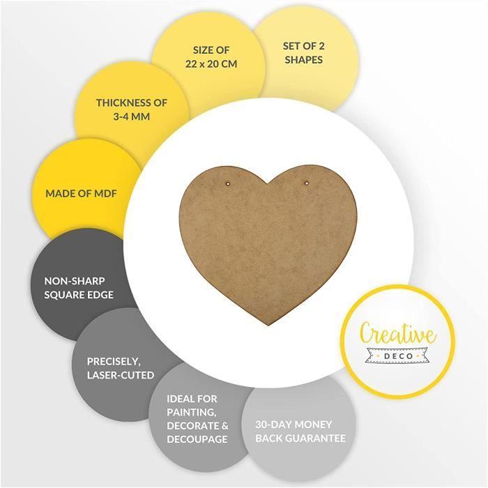 Plaques en Forme de Cœur XL - Creative Deco - 220 mm x 200 mm - avec Trous - Léger Bois Signes