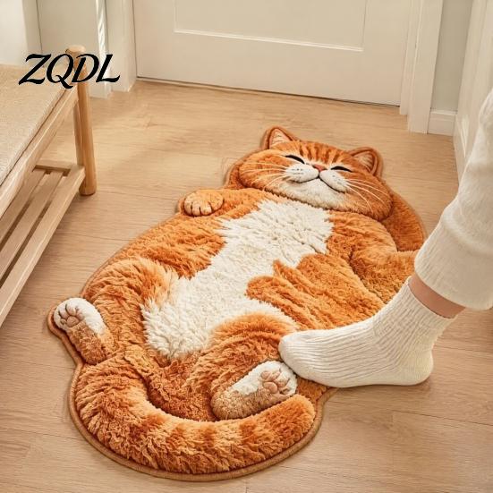 Small Decorative Rug for Bedroom Cozy Cat Shaped Floor Rug, Plush Cartoon Area Mat, Soft Indoor Space Carpet Crystal Velvet Bedside And Entryway
