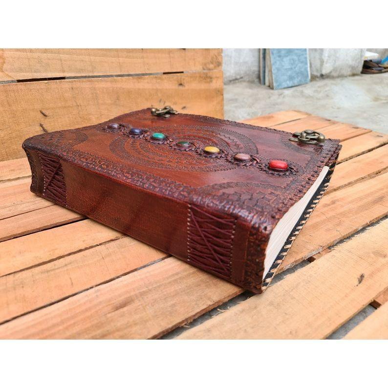 Fat Leather Journal 600 Pages, Large Seven Stone Leather Notebook Blank Handmade Book, Sketchbook Christmas Gift Dream Journal, Grimoire