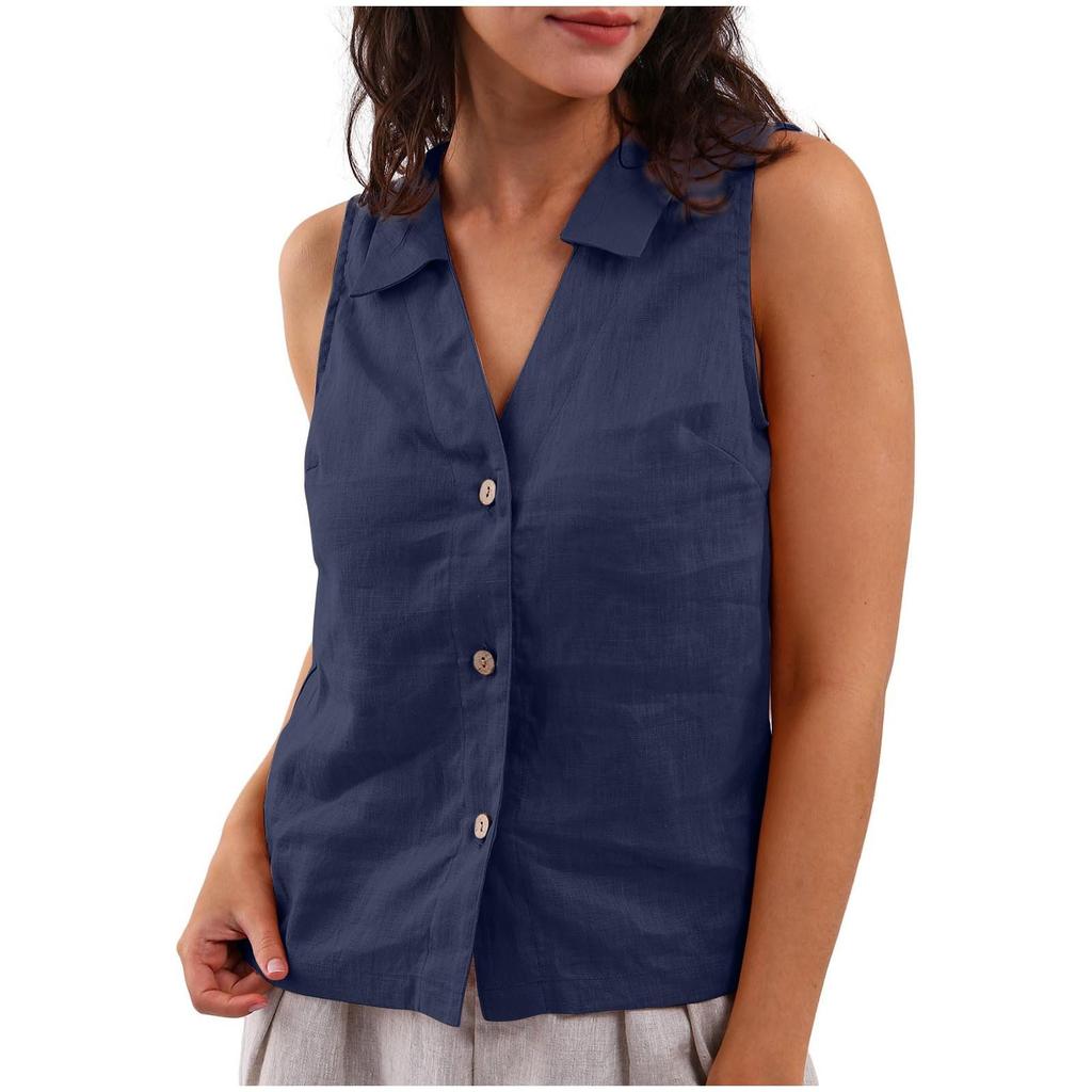 Women's Fashion Loose Solid Color Cotton And Linen Buttoned Lapel Vest Casual Shirt Top