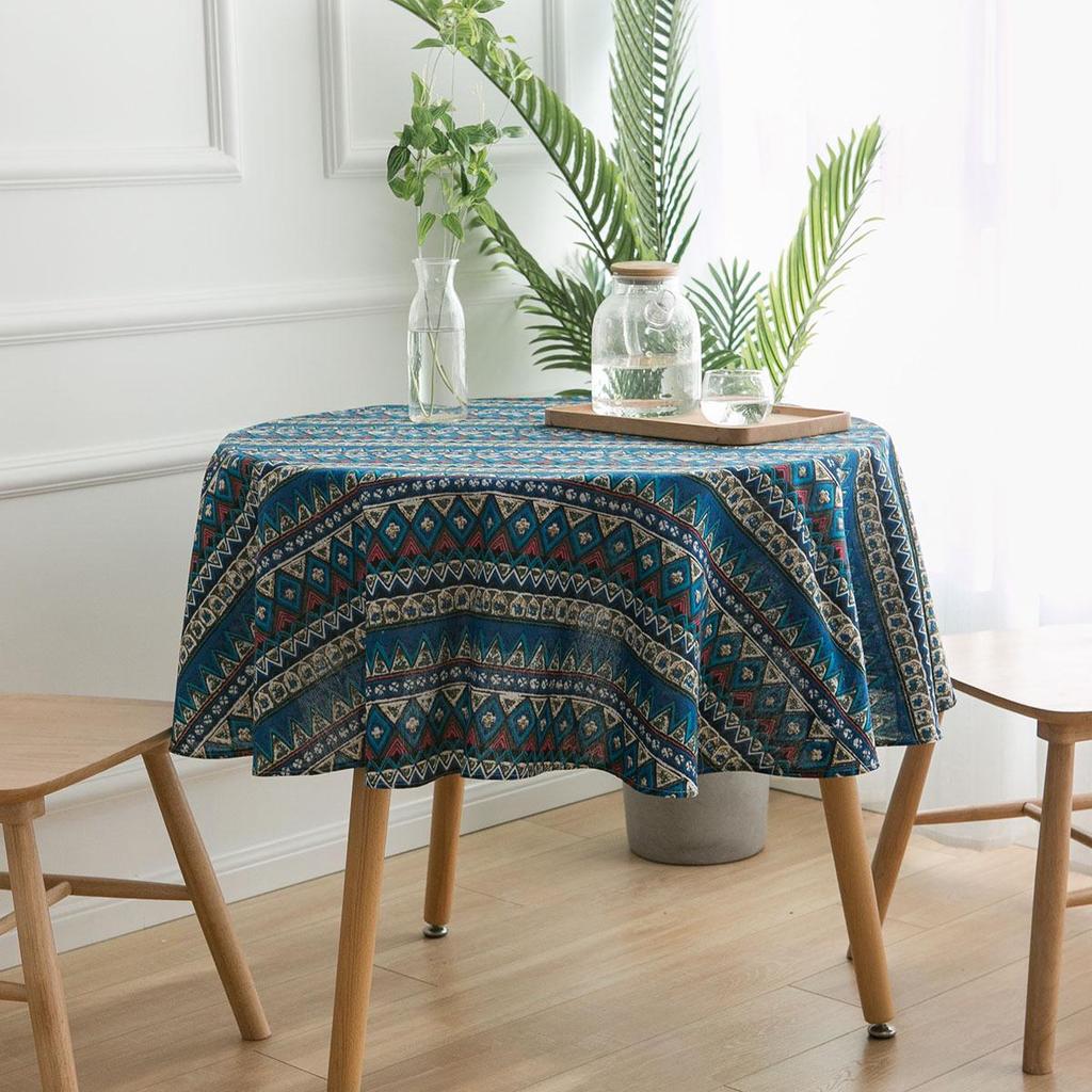 Bohemian Blue Geometric Print Tablecloth with Mediterranean Style Napkins - Cotton Linen for Coffee Table