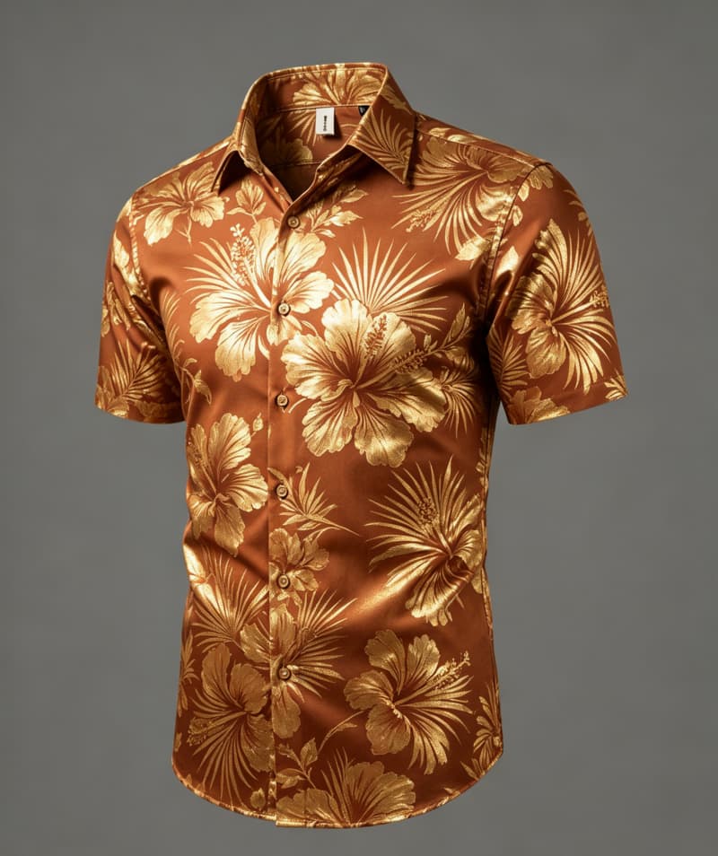 Men's Metallic Floral Print Short Sleeved shirt, Suitable For Summer wear, Evening activities, And Versatile Luxury Style