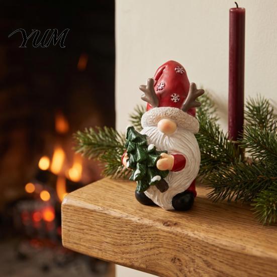 Double Sided Printed Decorations Christmas Gnome Figurine, Resin Tomte with Tree Hat & Reindeer Wooden Ornaments Antlers, Holiday Tabletop Decor