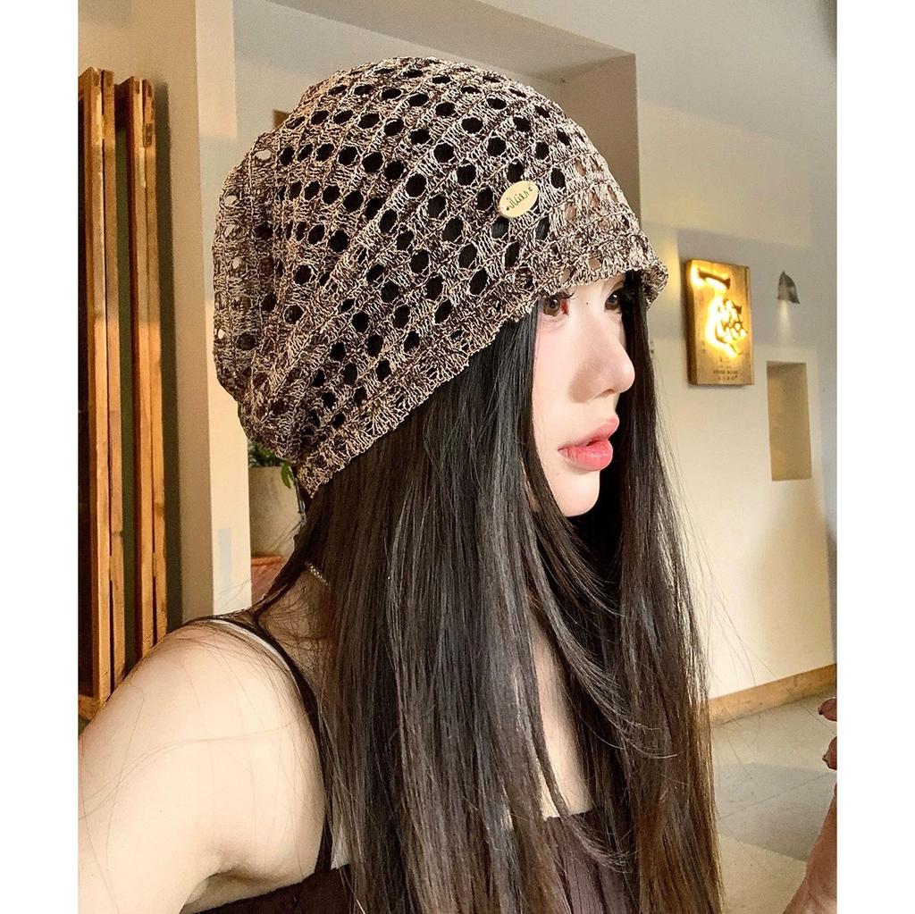 Thin hollow breathable bag head hat women's spring and summer retro fashion stacking hat versatile face small cold hat tide