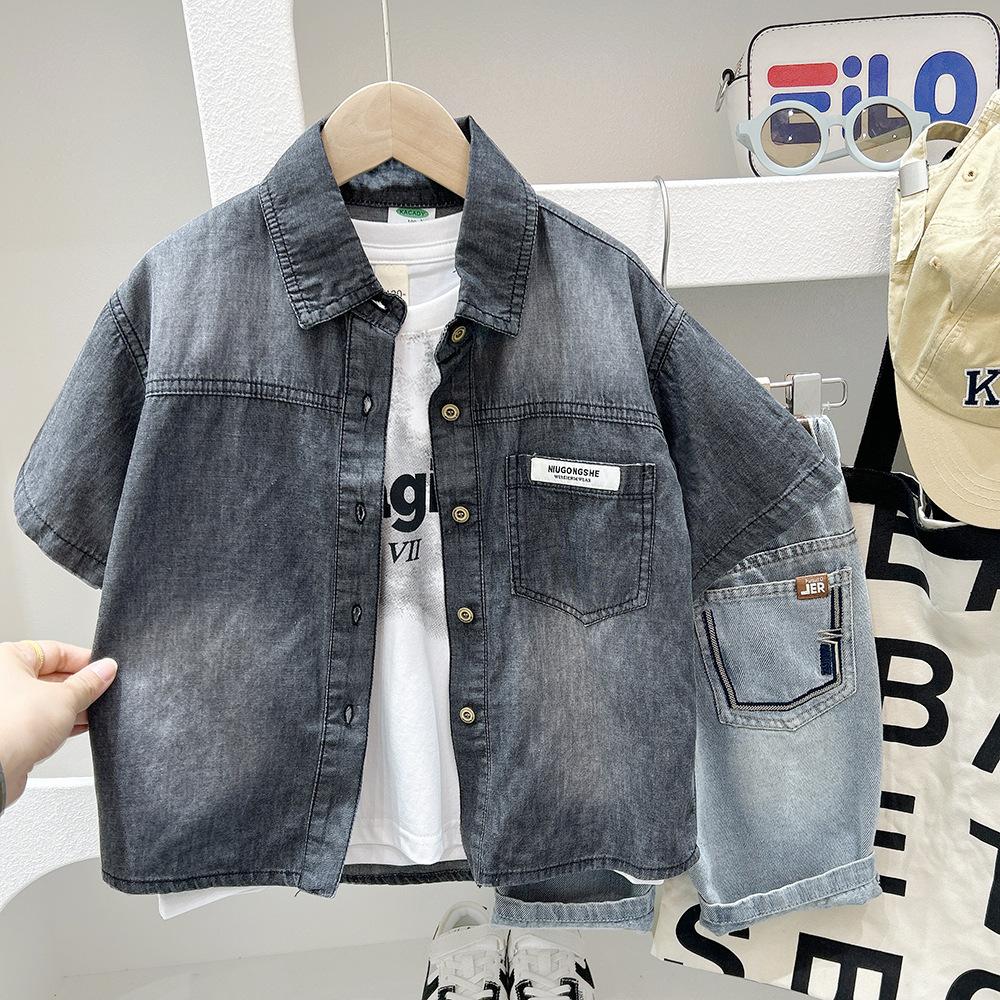 Летняя джинсовая рубашка с коротким рукавом для мальчиков, однотонная мягкая красивая куртка