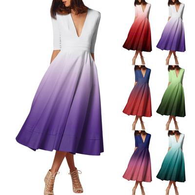 Женское модное платье средней длины со средним рукавом и градиентным принтом, сексуальное платье с V-образным вырезом