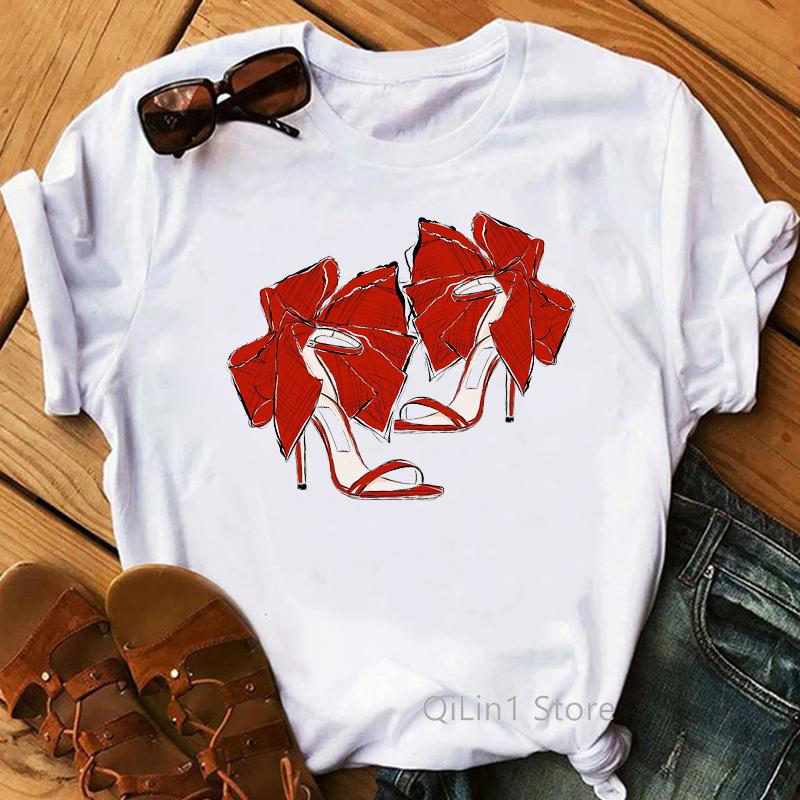 New Women's T-Shirt Pink High Heel Top Female T Shirts Lady Luxury Make Up Paris Style Shirt Harajuku Summer Tops Short Clothes