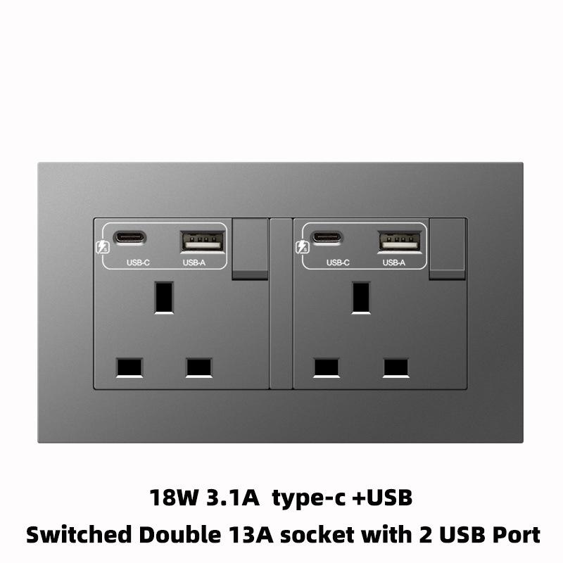 Британский стандарт Серая панель 86 Розетка 13A с быстрой зарядкой USB-C для Гонконга и Макао