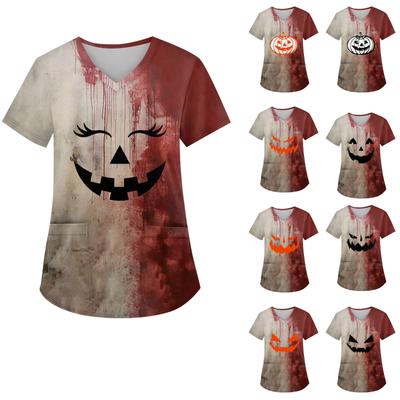 Женская мода с v-образным вырезом, короткими рукавами и карманами, топы с принтом