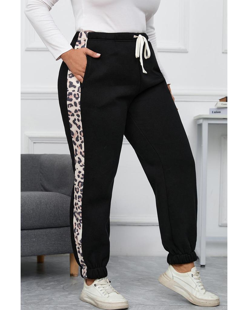 Azura Exchange Black Plus Size Contrast Leopard Side Panel Joggers