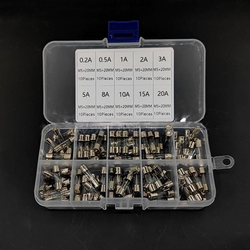 100Pcs Quick Blow Glass Fuse Kit 5x20mm 0.2A-20A with Storage Box for DIY Electrical Projects