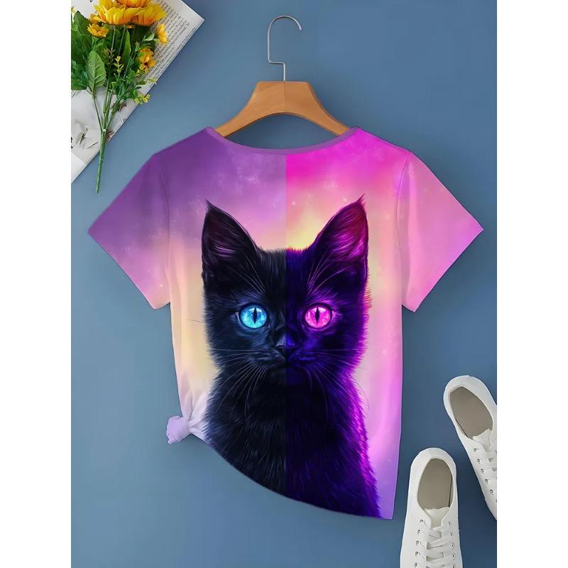 Casual Fashion Simple Abstract Painting Animal Black and White Cat Breathable 3D Printed V-neck Short Sleeve T-shirt Casual Sports Shirt