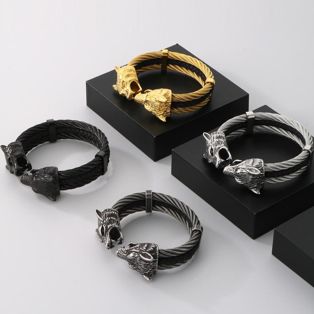 Готический эластичный двойной волчий череп открытый браслет-манжета для мужчин 12 мм витая цепочка сплошной из нержавеющей стали мужские браслеты