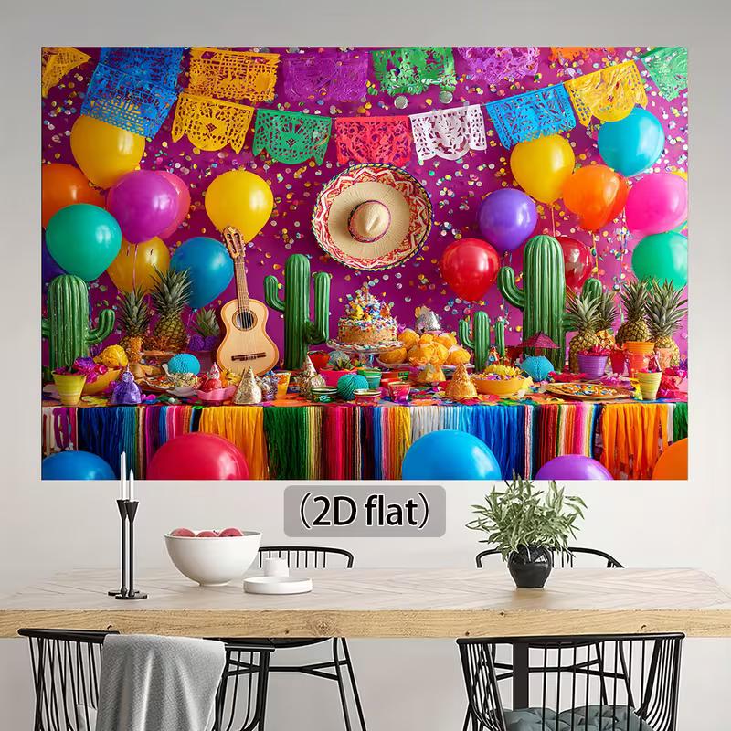 2D Cinco de Mayo Taco Party Backdrop, Colorful Papel Picado Cactus & Balloon Photography Background