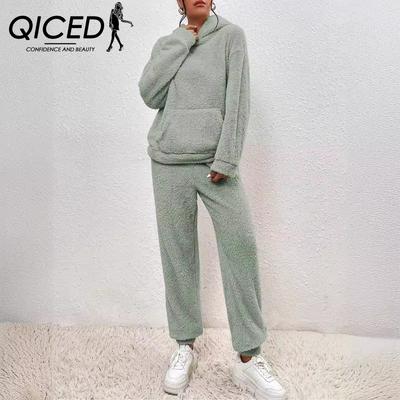 Осенне-зимний однотонный женский повседневный комплект из двух предметов с капюшоном, длинными рукавами, накладными карманами