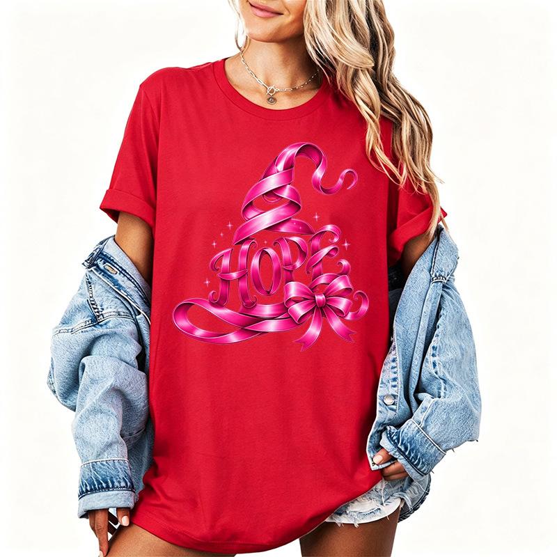 Halloween Hope Pink Ribbon Witch Hat Bow Vintage Art Print Graphic Womens T Shirt Short Sleeve Crew Neck Casual Ladies Tee Tops