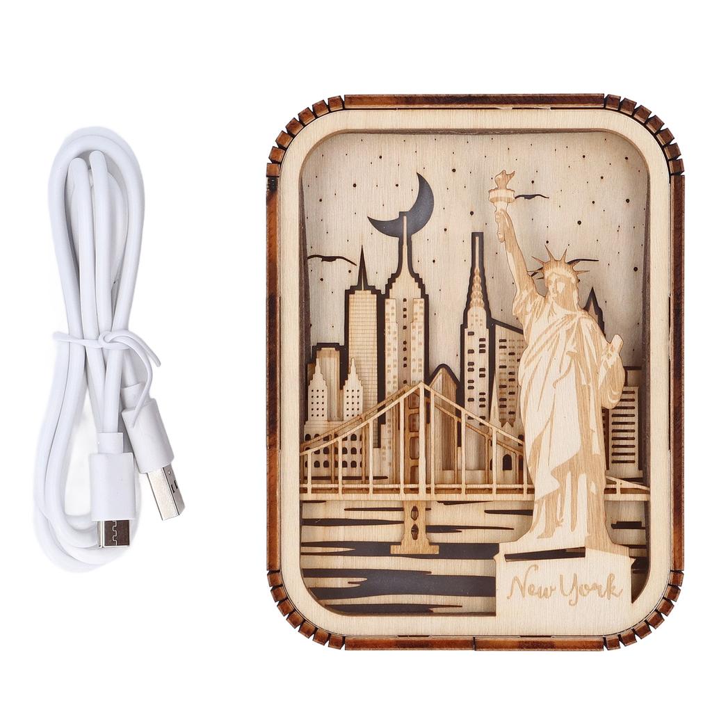 3D Wood Carved LED Night Light Innovative Wood Carved Table Lamp City Series Bedroom Ambient