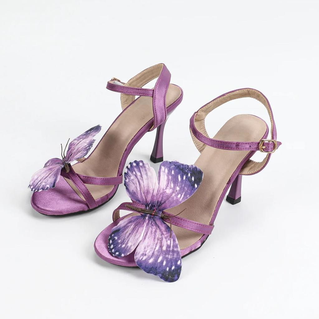 Модные женские босоножки с ярким декором в виде бабочек, на шпильке, с открытым носком, на высоком каблуке, лето 2024