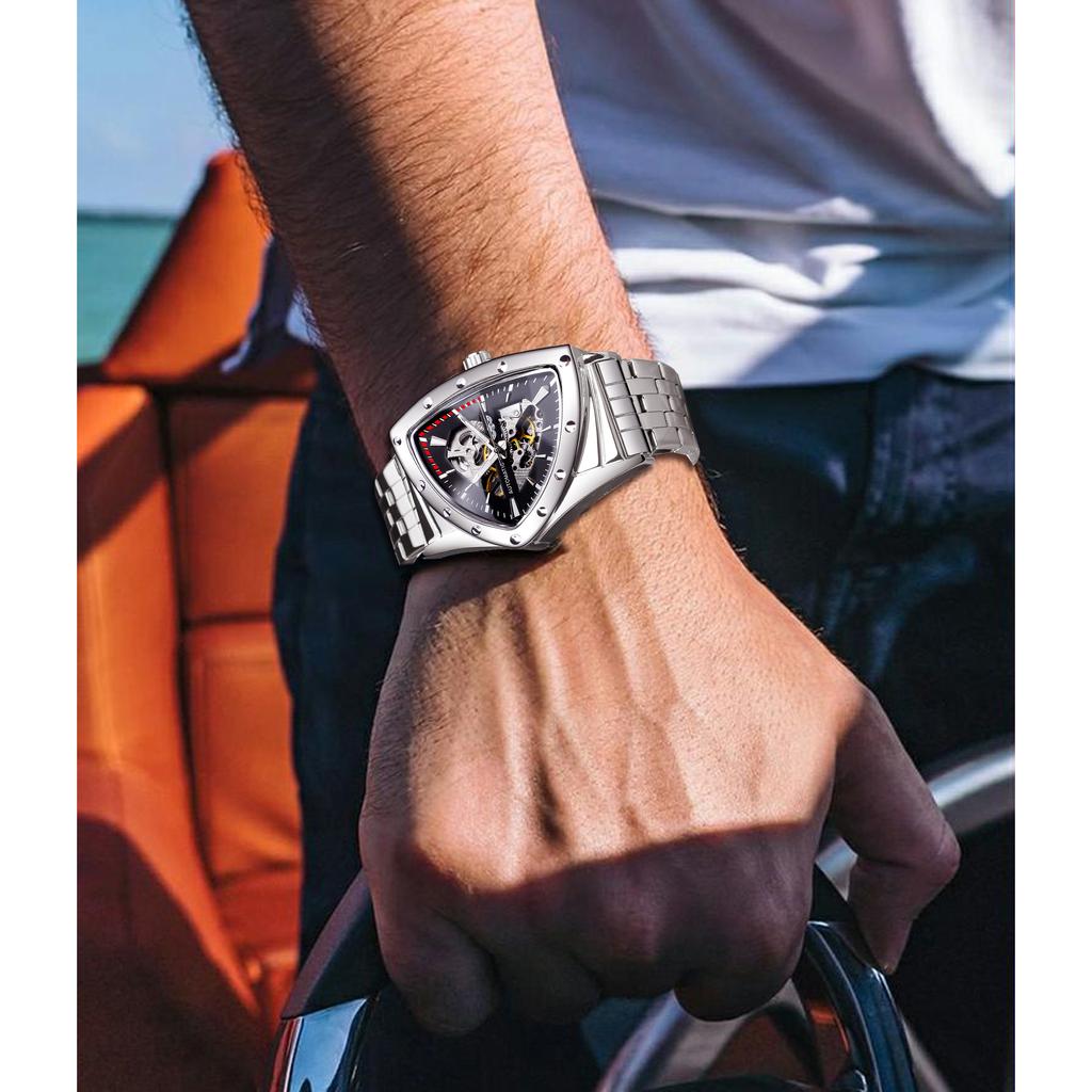 Автоматические механические часы с треугольным корпусом и скелетонированным дизайном, ремень из нержавеющей стали, модные мужские светящиеся наручные часы