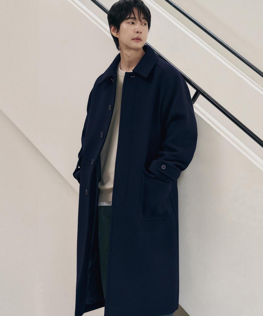 Draw Fit [Oh Jung-Kyu X Draw Fit] Consize Wool Wonder Balmacaan Coat [Navy]