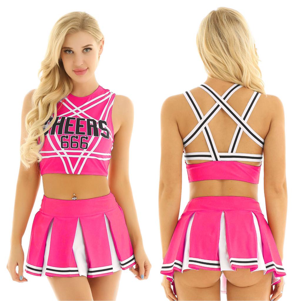 Women Cosplay Uniform Sleeveless Crop Top with Mini Pleated Skirt Cheerleader Costume Set