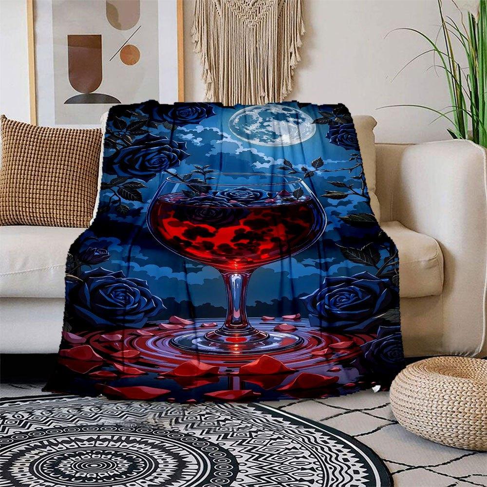 Midnight Elegance: Wine Glass with Blue Roses and Full MoonBlanket Flannel Throw Blanket for Sofa, Bed, Travel, Camping, Office, Couch, Chair