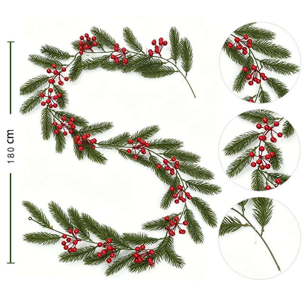 Green Leaves Christmas Red Berry Garland Red Berries Faux Pine Vine Home Decoration